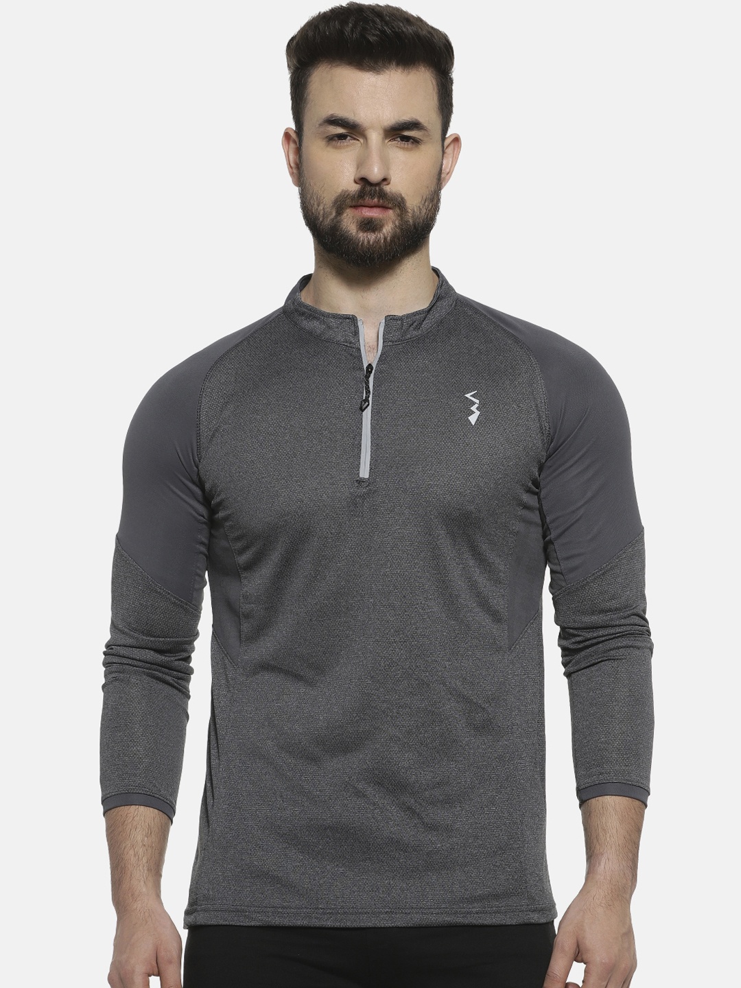 

Campus Sutra Men Charcoal Grey Solid Mandarin Collar T-shirt