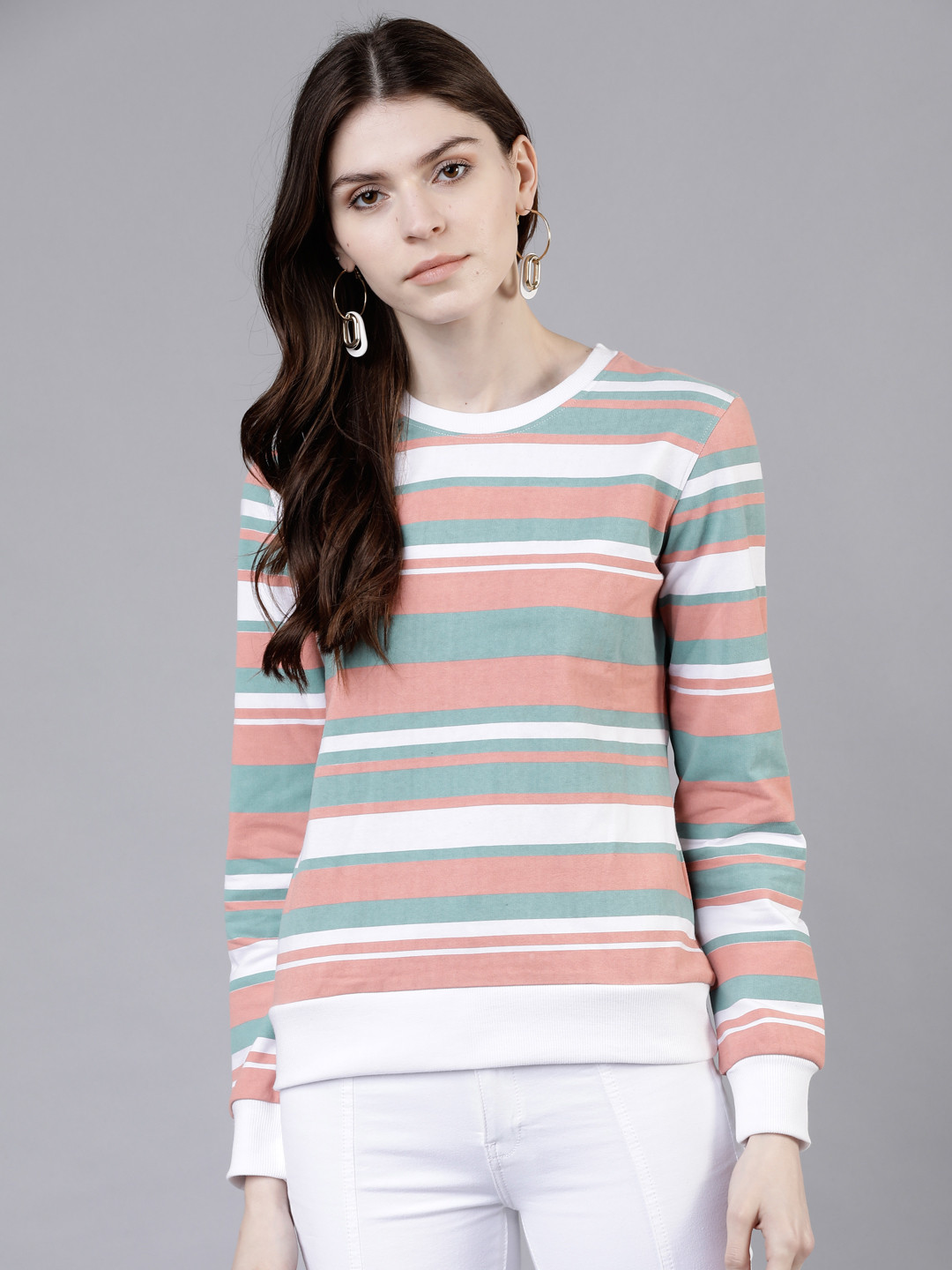 

Tokyo Talkies Women Pink & Green Striped Sweatshirt