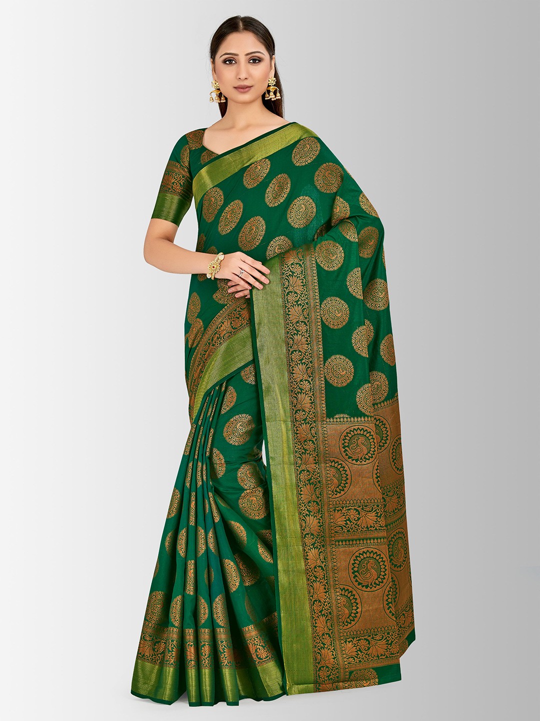 

MIMOSA Green & Gold-Toned Art Silk Woven Design Kanjeevaram Saree