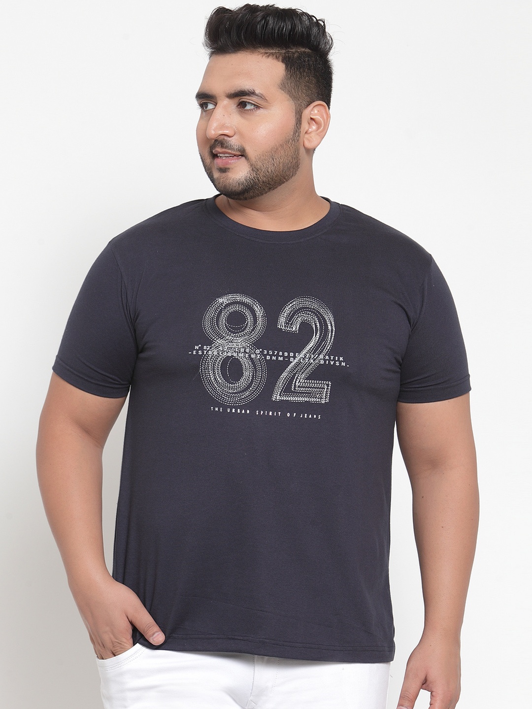 

plusS Men Navy Blue Printed Round Neck Pure Cotton T-shirt