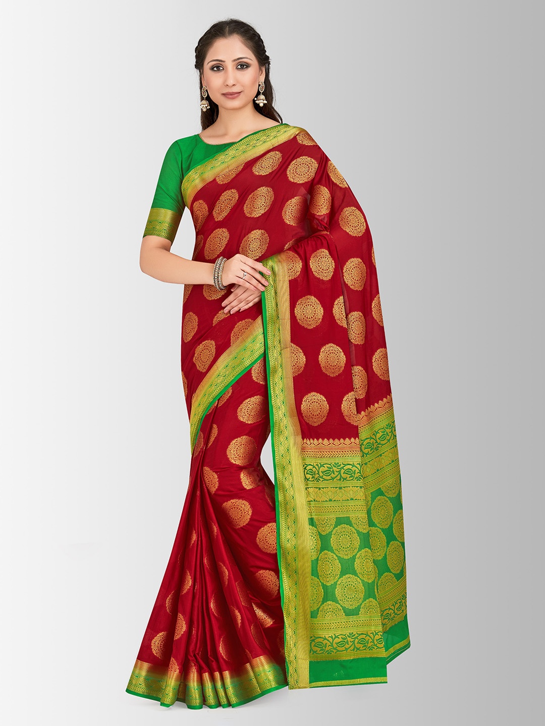 

MIMOSA Maroon Poly Crepe Woven Design Mysore Silk Saree