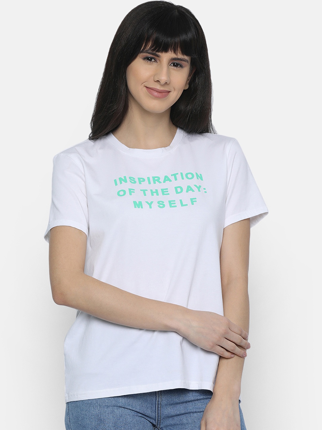 

ISU Women White Printed Round Neck T-shirt
