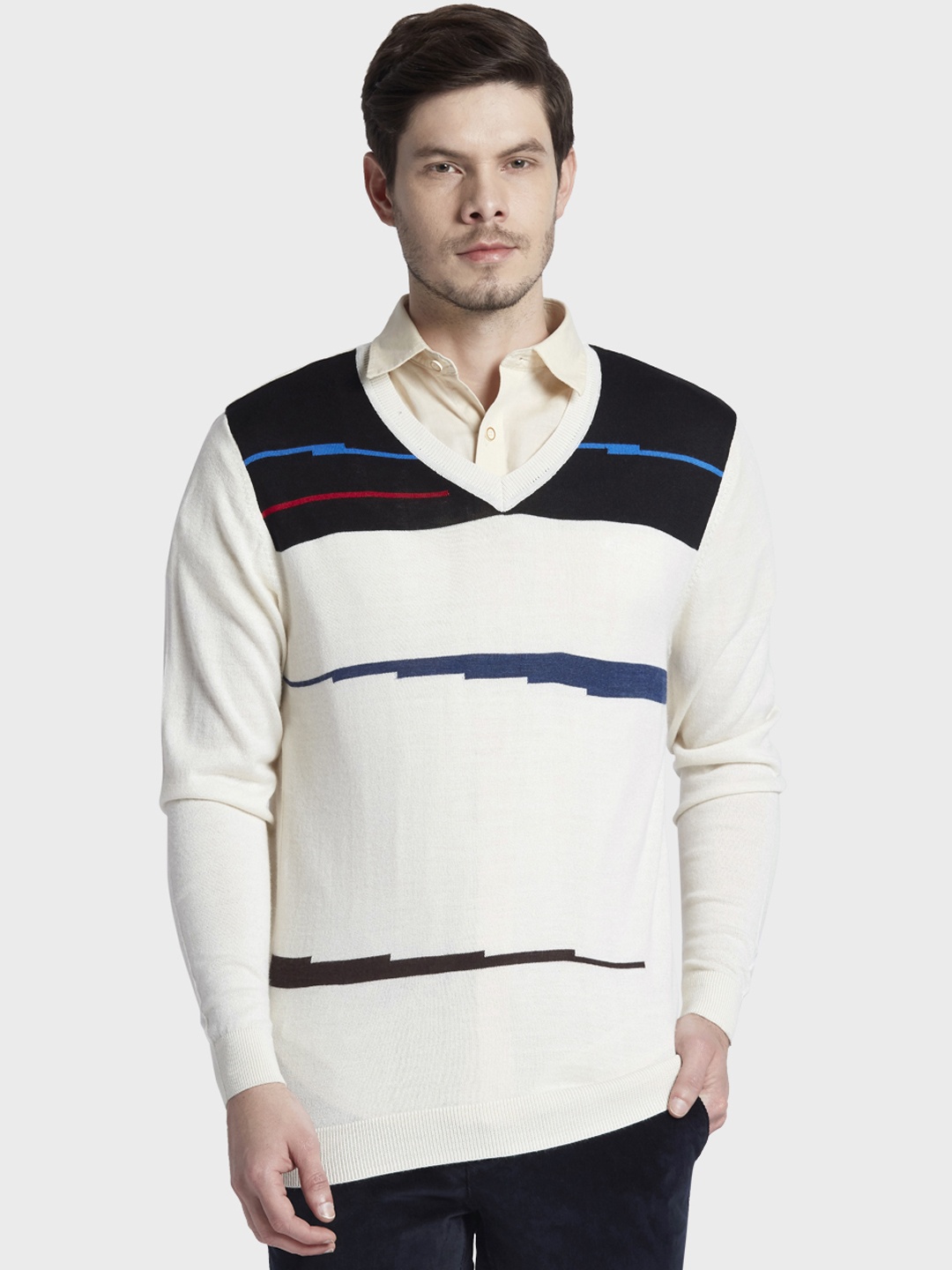 

ColorPlus Men White & Navy Blue Colourblocked Sweater