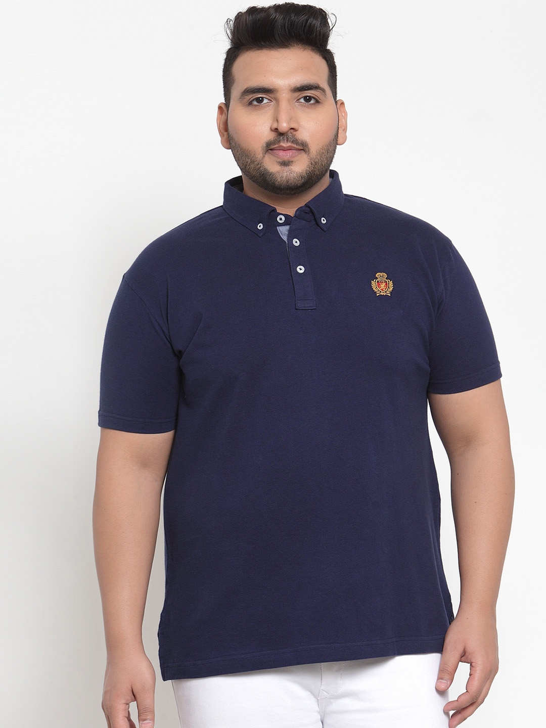 

plusS Men Navy Blue Solid Polo Collar Pure Cotton T-shirt