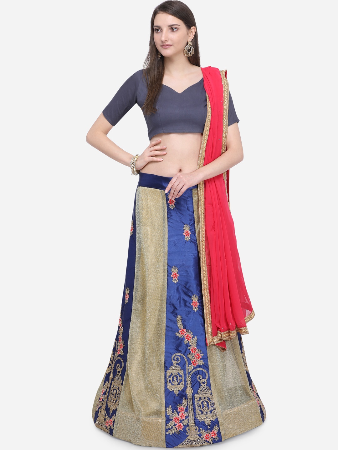 

MOKSHA DESIGNS Blue & Red Embroidered Ready to Wear Lehenga & Unstitched Blouse with Dupatta