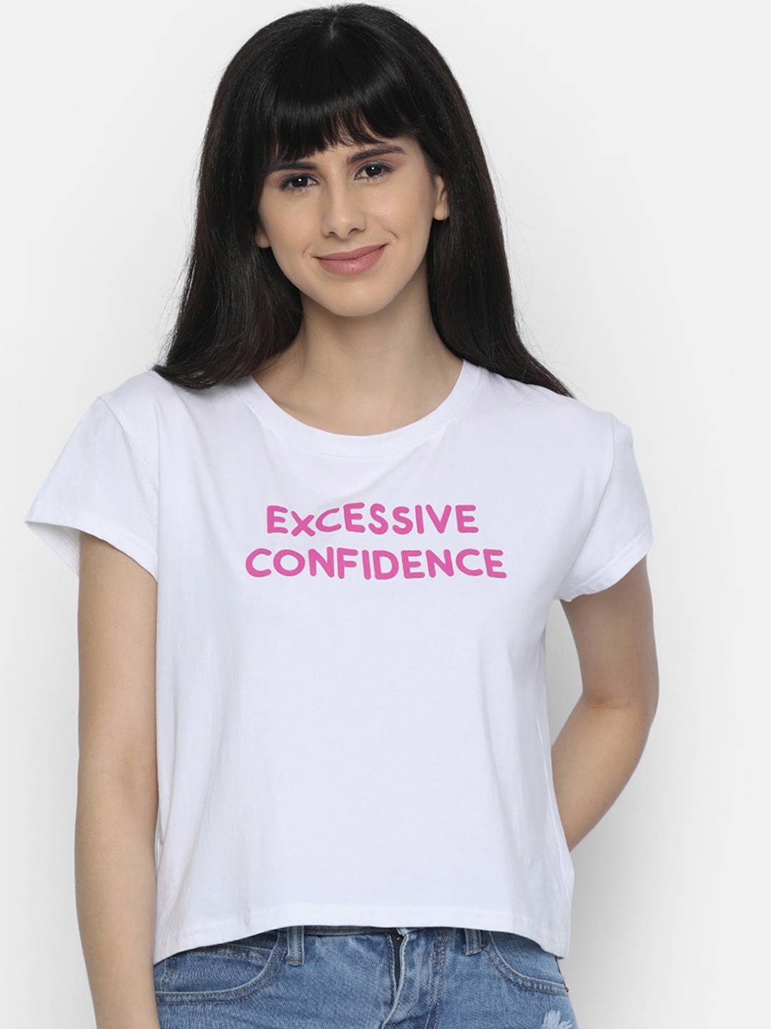 

ISU Women White Printed Round Neck Crop T-shirt
