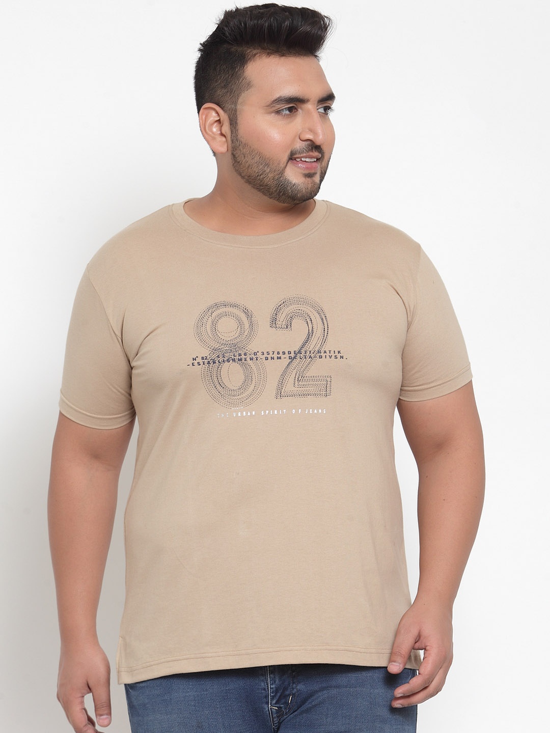 plusS Men Beige Printed Round Neck Pure Cotton T-shirt