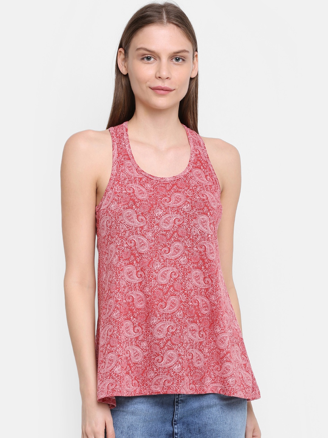 

Rute Women Red Printed Round Neck Pure Cotton T-shirt