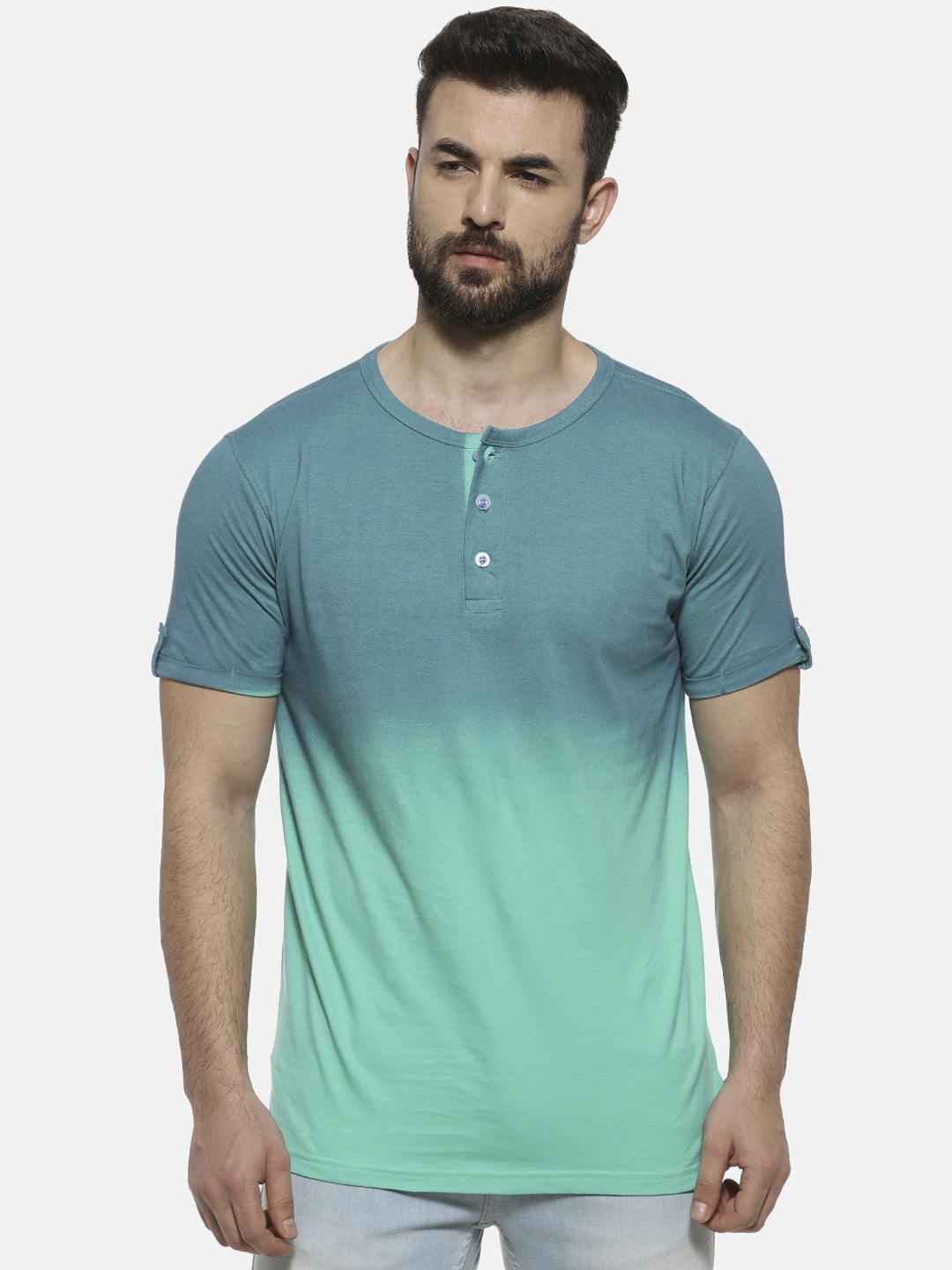 Campus Sutra Men Green Colourblocked Henley Neck T-shirt