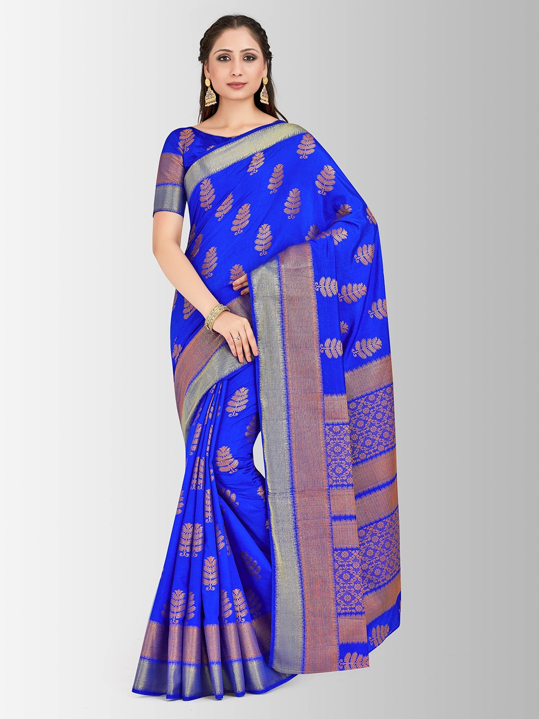 

MIMOSA Blue & Gold-Toned Art Silk Woven Design Banarasi Saree