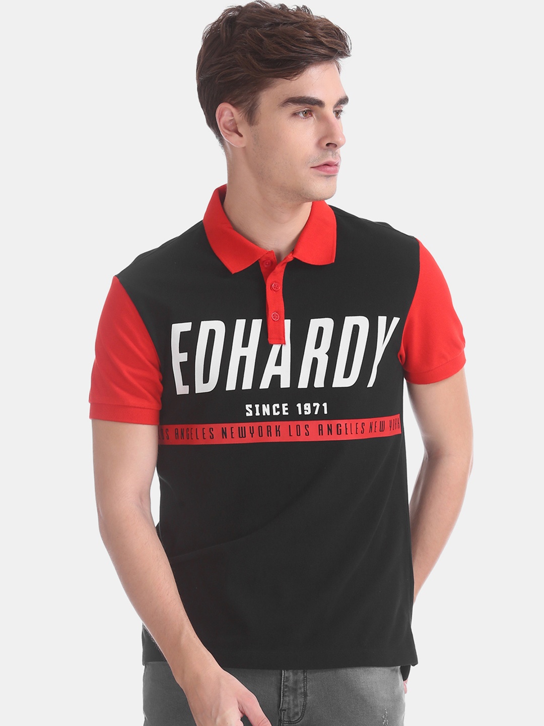 

Ed Hardy Men Black Red Slim Fit Printed Polo Collar Pure Cotton T-shirt