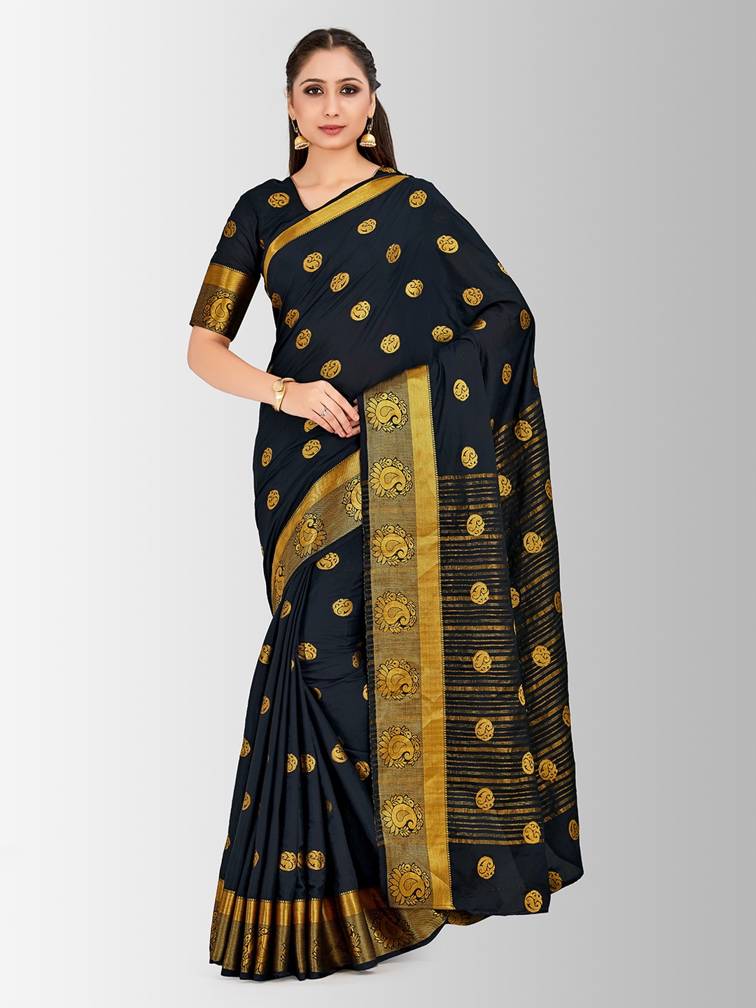 

MIMOSA Black & Gold-Coloured Poly Crepe Woven Design Mysore Silk Saree