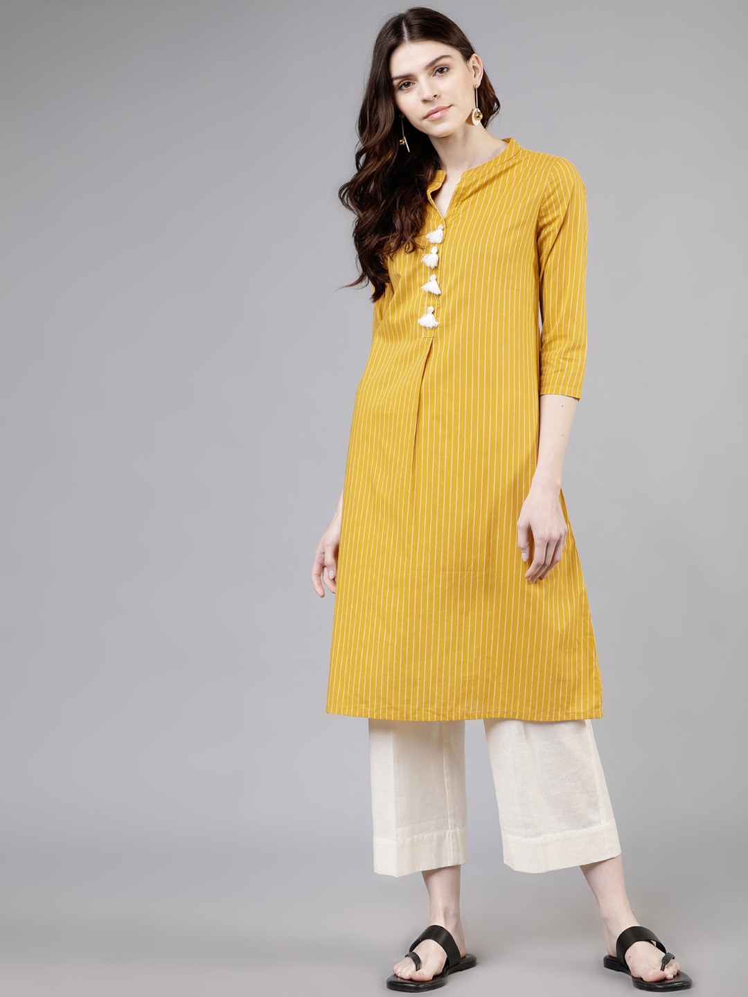

Vishudh Women Mustard & White Striped Straight Kurta