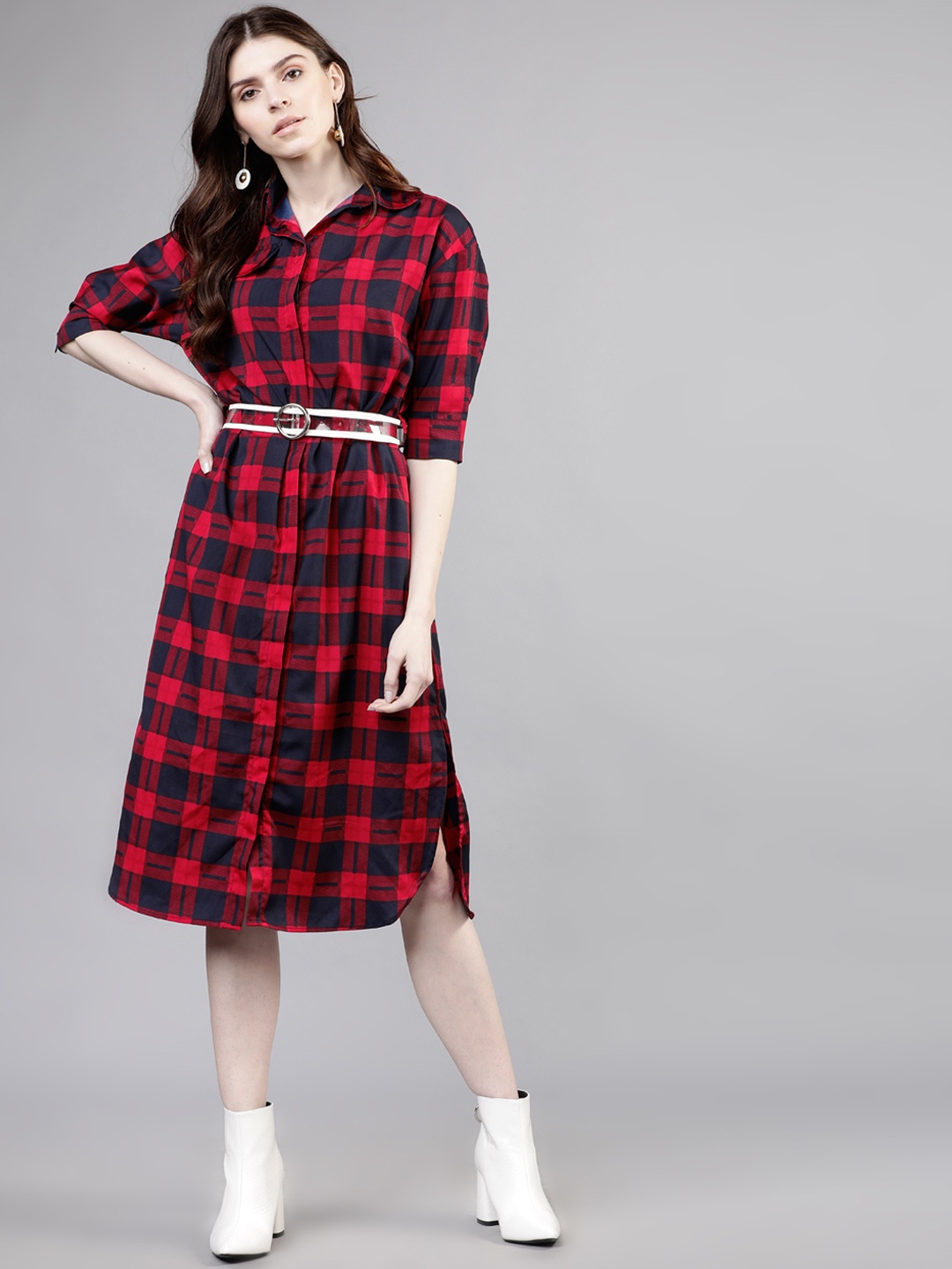

Tokyo Talkies Women Navy Blue & Red Checked Shirt Dress