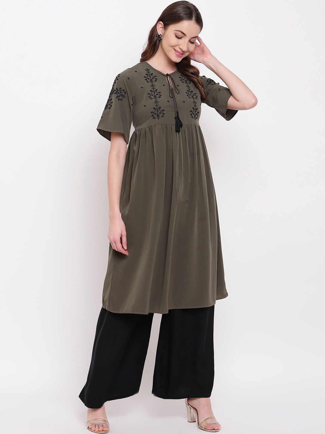 

Napra Women Olive Green Embroidered A-Line Kurta