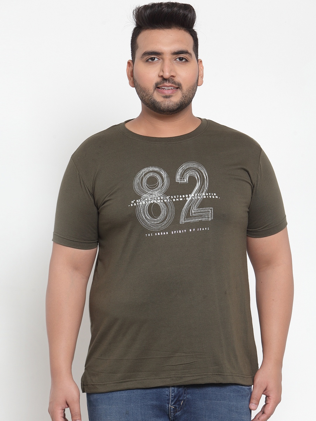 

plusS Men Olive Green Printed Round Neck Pure Cotton T-shirt