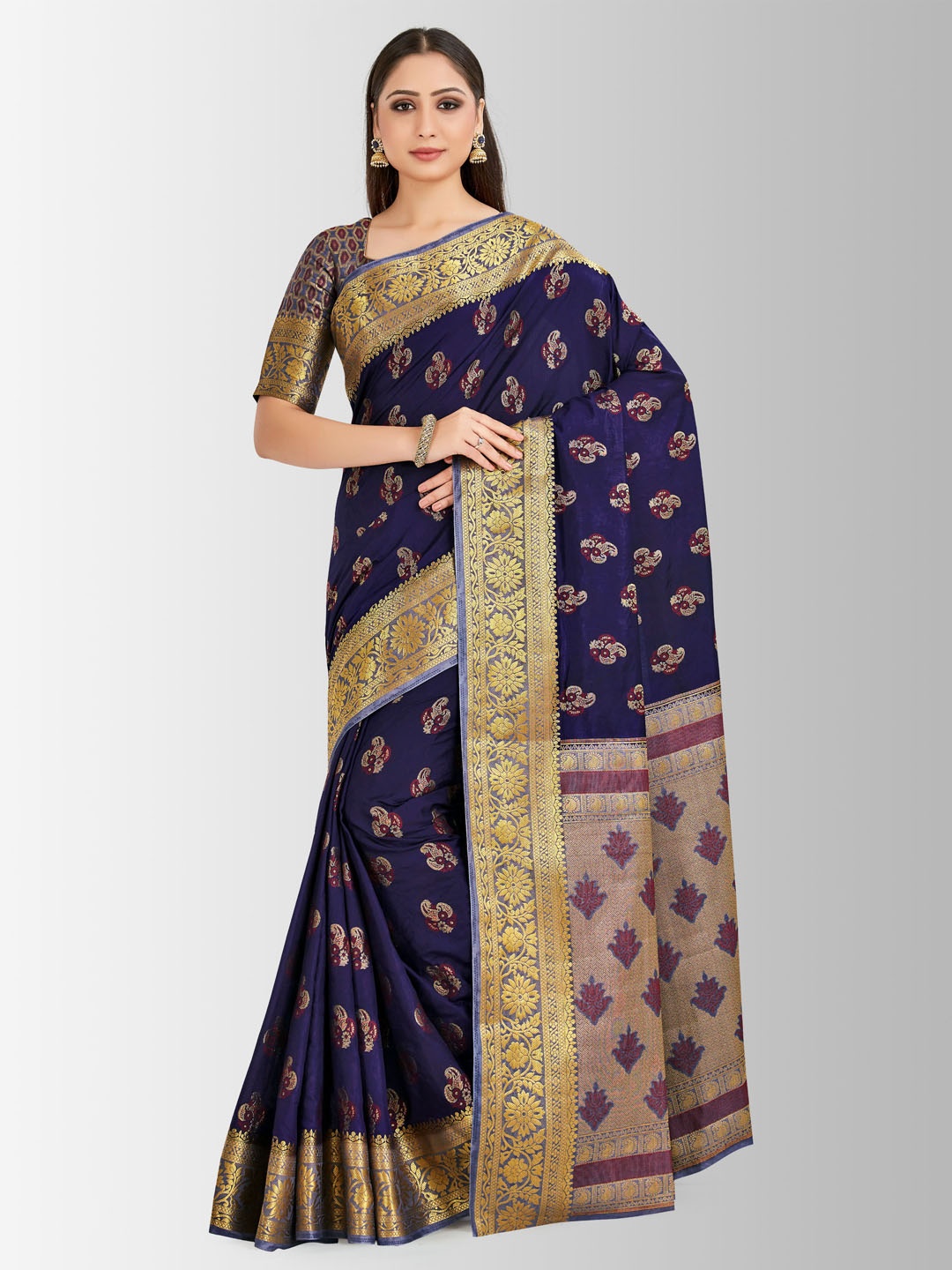 

MIMOSA Navy Blue & Gold-Toned Art Silk Woven Design Paithani Saree