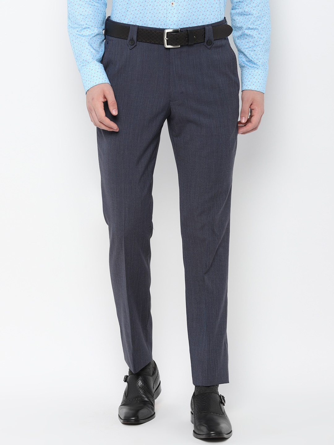 

SIMON CARTER LONDON Men Navy Blue Slim Fit Self Design Formal Trousers