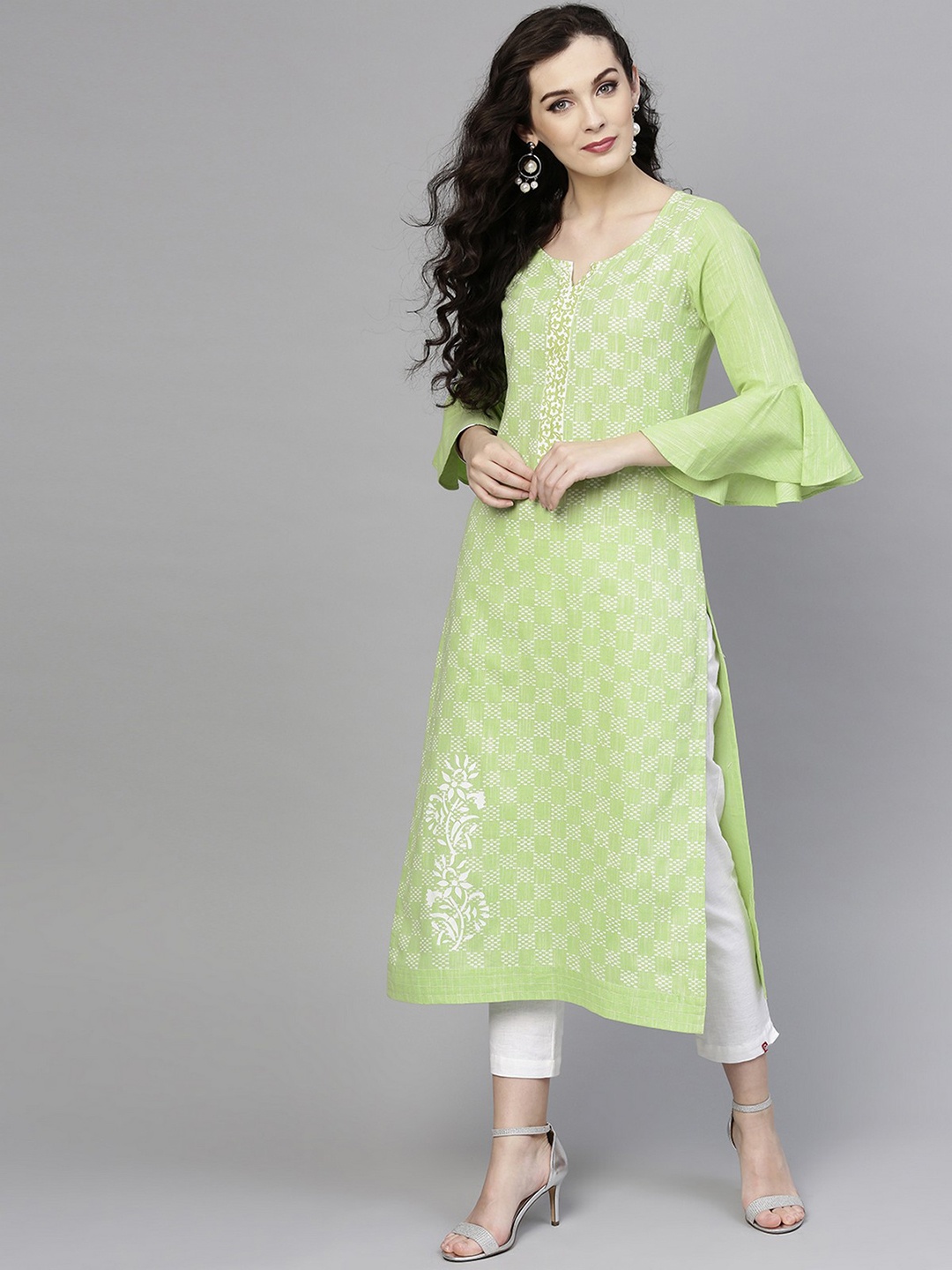 

Pannkh Women Green Printed Chambray Straight Kurta
