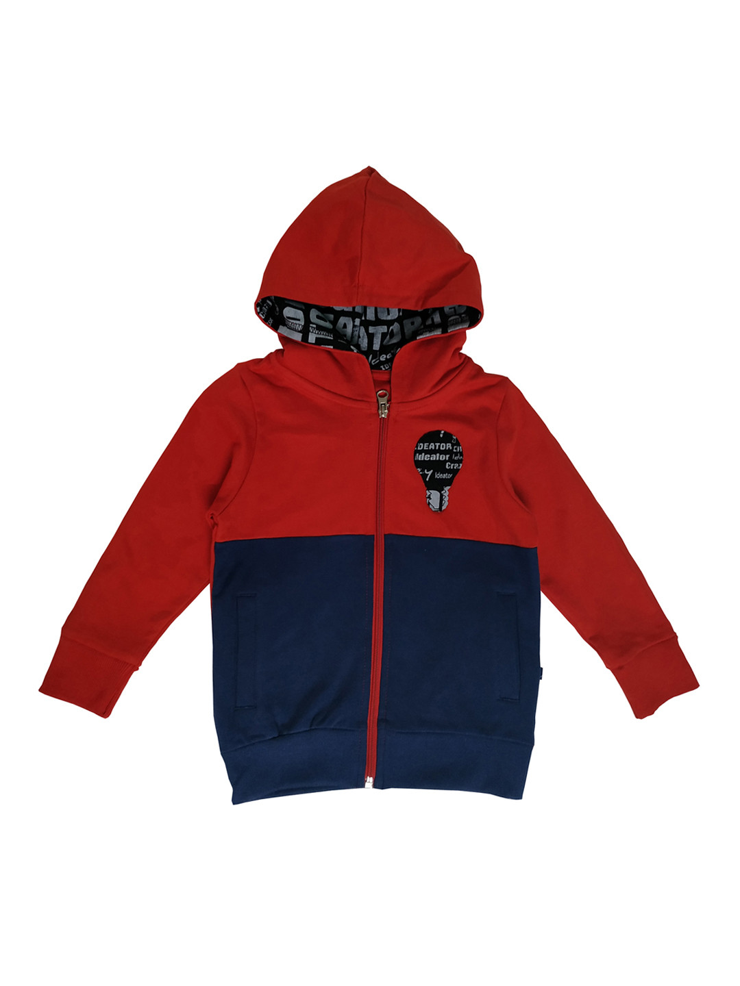 

KiddoPanti Boys Red & Navy Blue Colourblocked Hooded Sweatshirt
