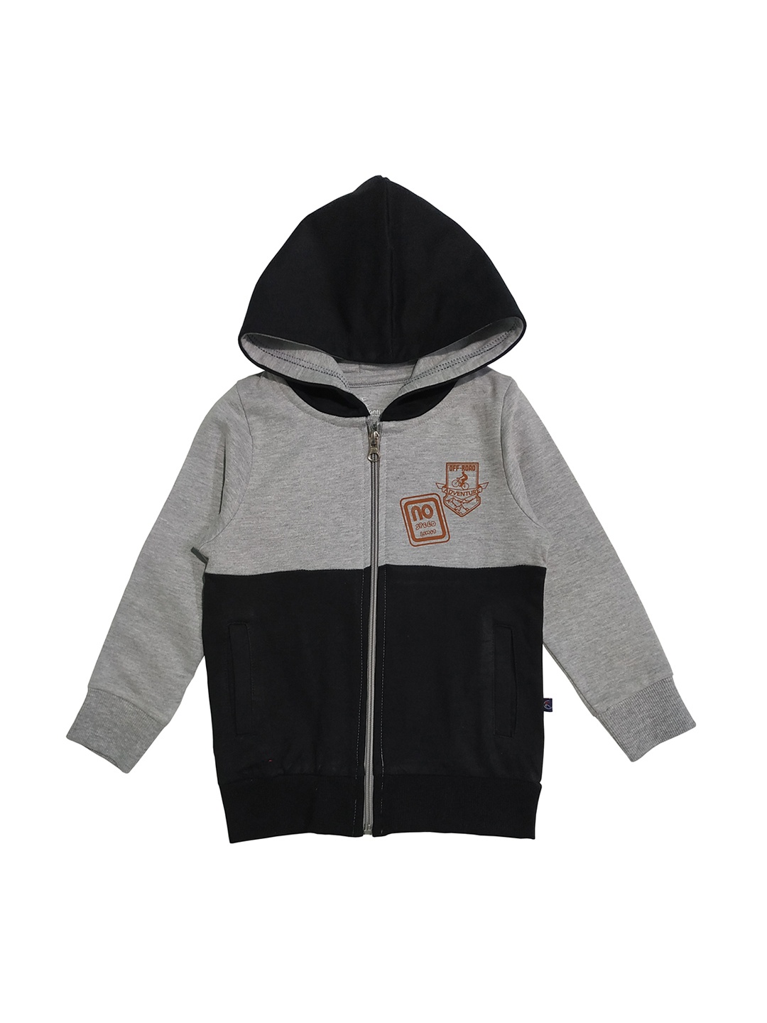 

KiddoPanti Boys Grey Melange & Black Colourblocked Hooded Sweatshirt