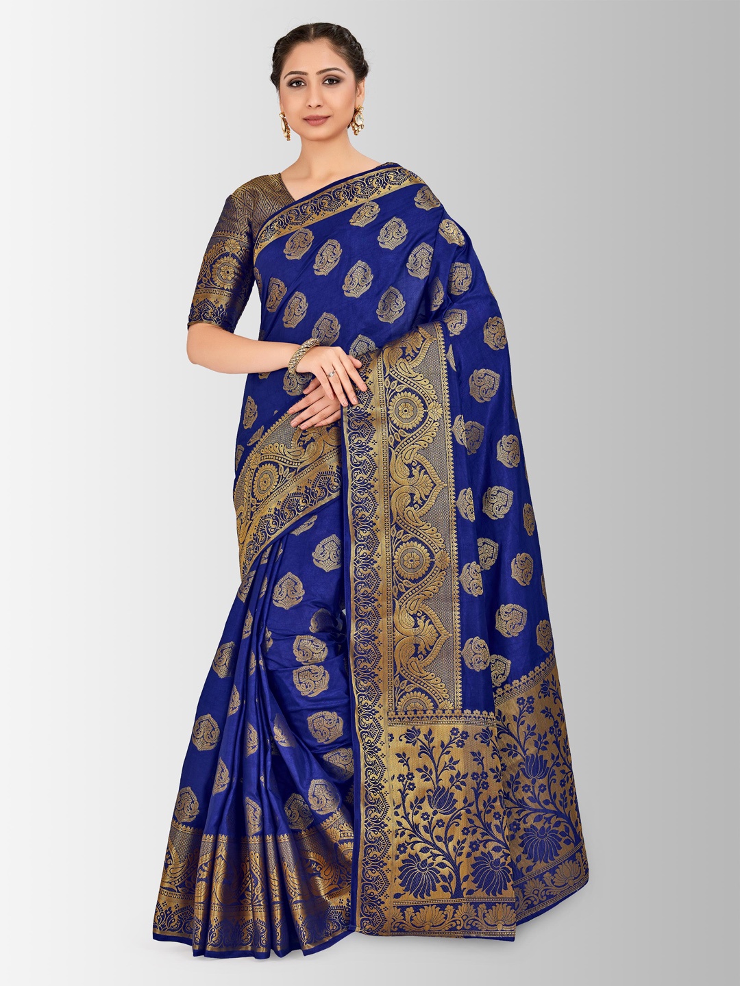 

MIMOSA Navy Blue & Gold-Coloured Art Silk Woven Design Kanjeevaram Saree