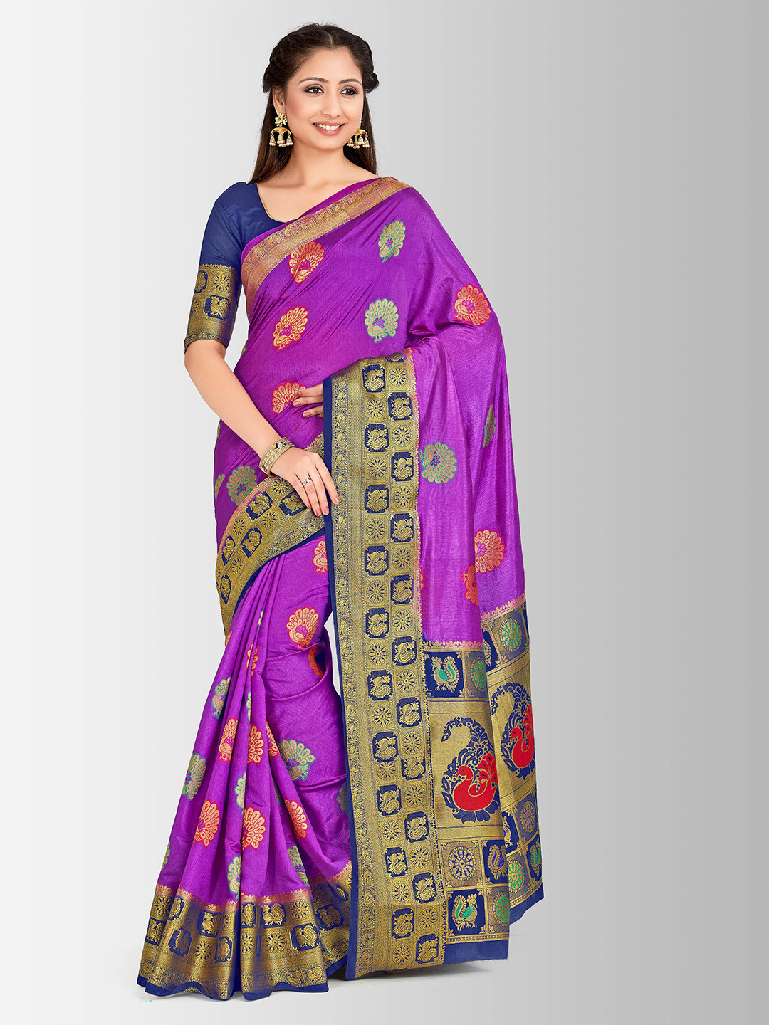 

MIMOSA Purple & Gold-Toned Art Silk Woven Design Kanjeevaram Saree