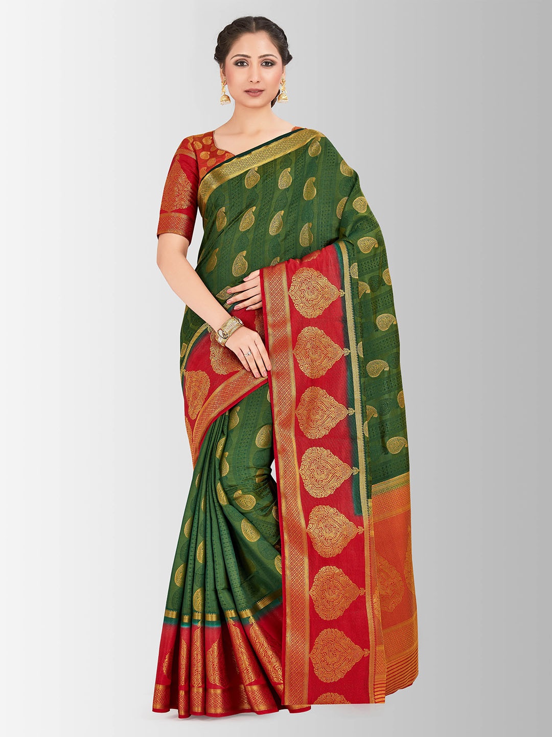 

MIMOSA Green & Red Art Silk Woven Design Banarasi Saree