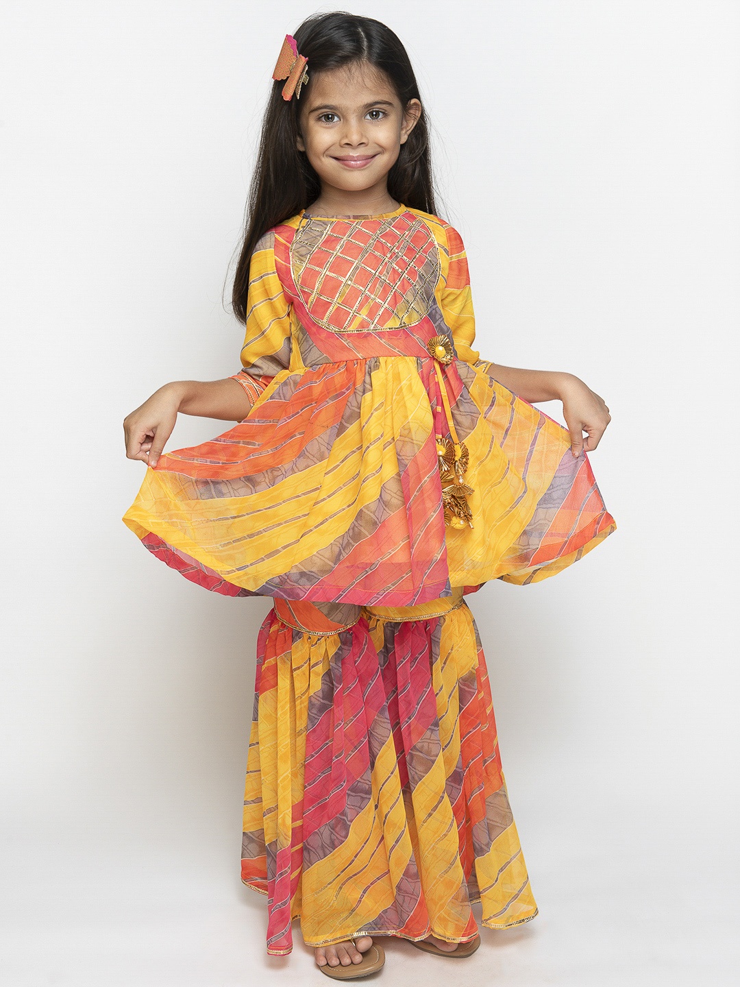 Fairies Forever Girls Yellow & Pink Leheriya Print Kurta with Sharara