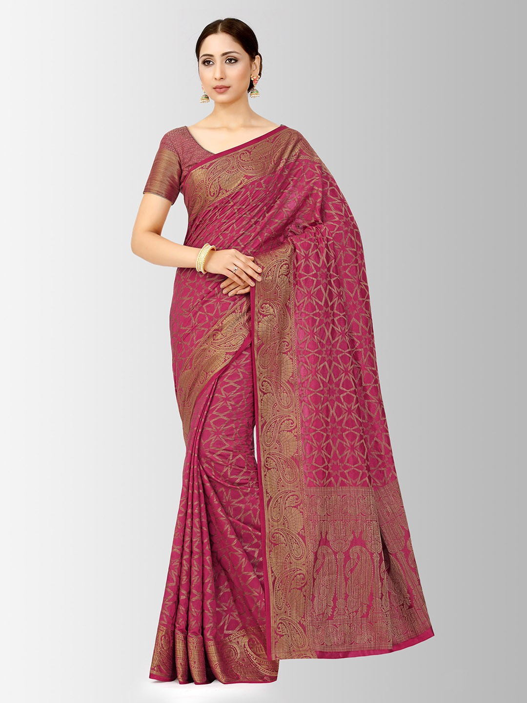 

MIMOSA Pink & Gold-Coloured Art Silk Woven Design Patola Saree