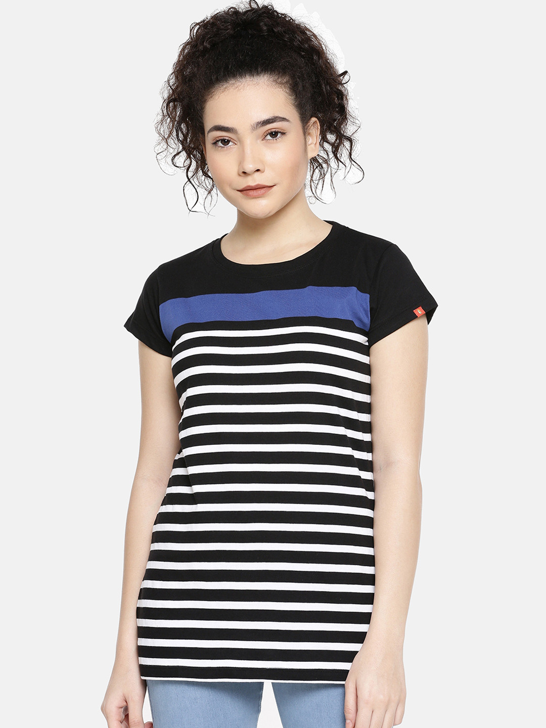 

GOLDSTROMS Women Black Striped Round Neck Pure Cotton T-shirt