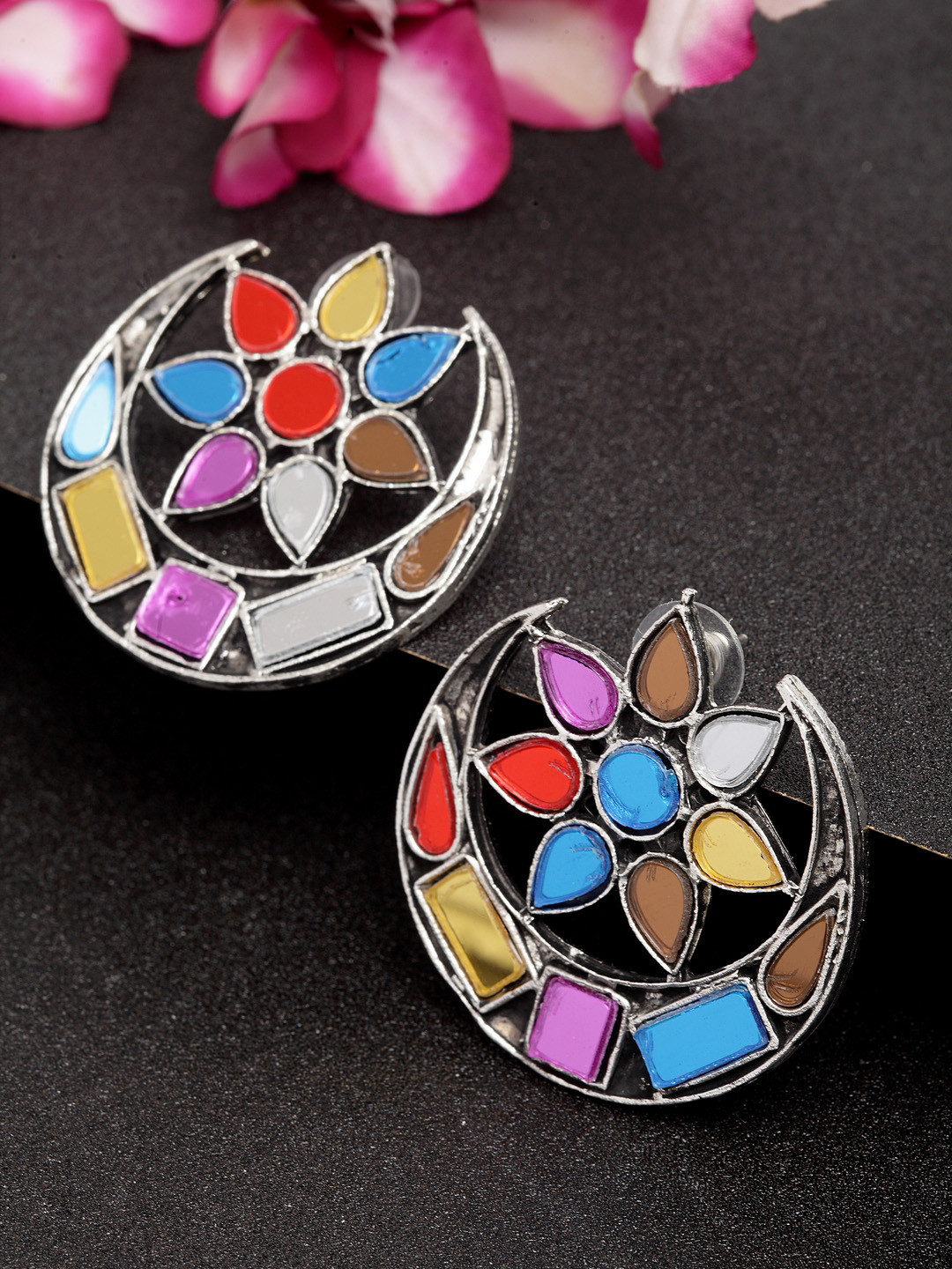 

Moedbuille Multicoloured Oxidised Handcrafted Crescent Shaped Studs, Multi