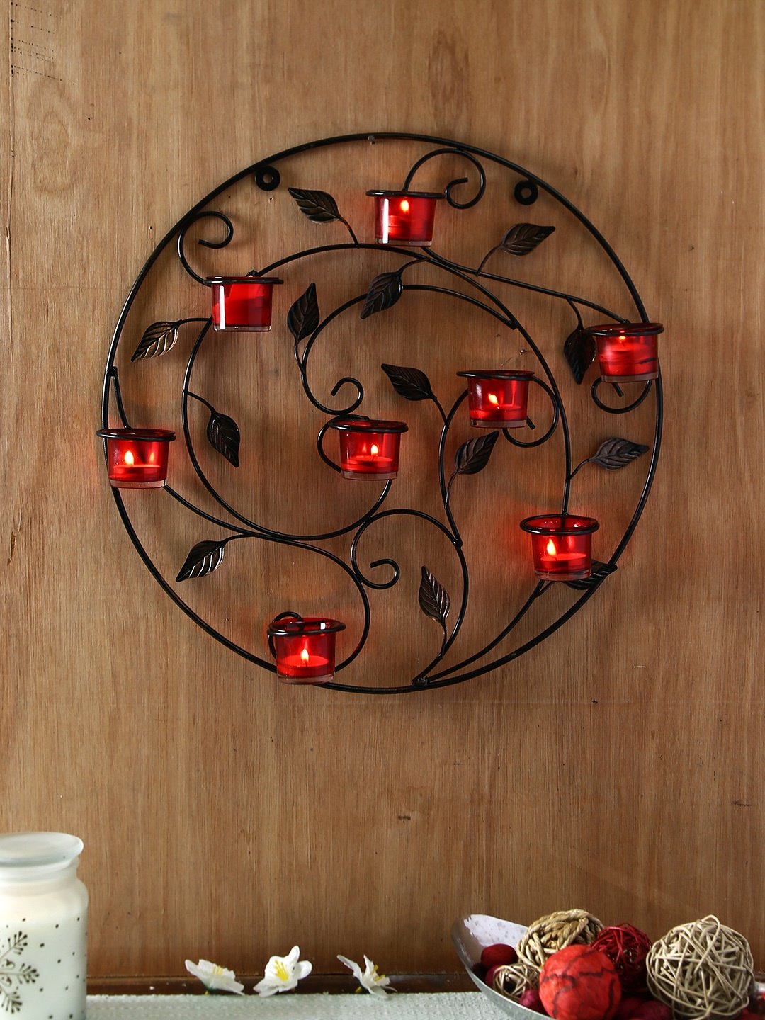 HOSLEY Black & Red Table Candle Holder With Tea Lights