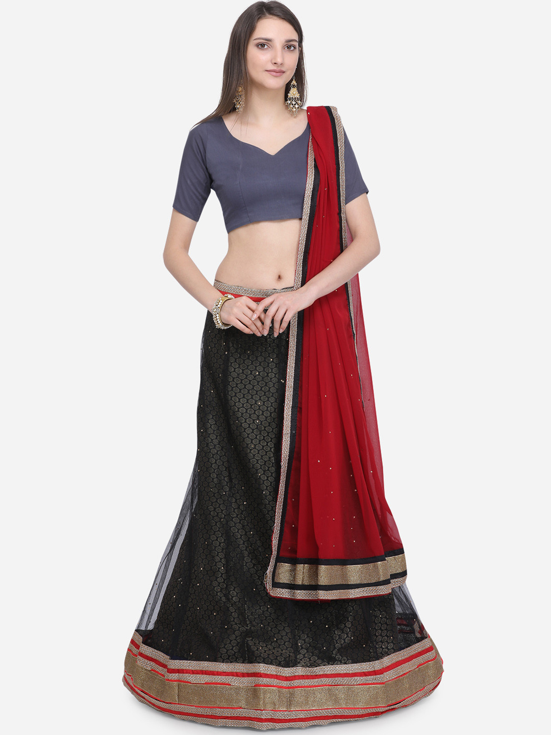 

MOKSHA DESIGNS Black & Red Embroidered Ready to Wear Lehenga & Unstitched Blouse with Dupatta
