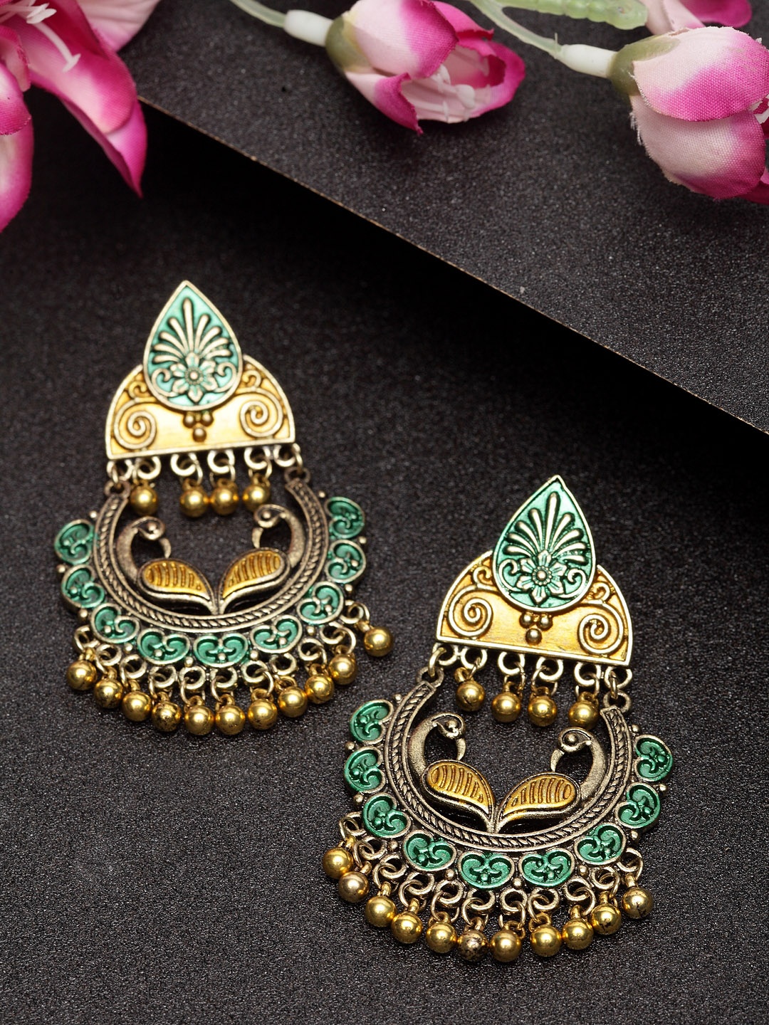 

Moedbuille Gold-Plated & Green Hand-Painted Meenakari Peacock Shaped Earrings