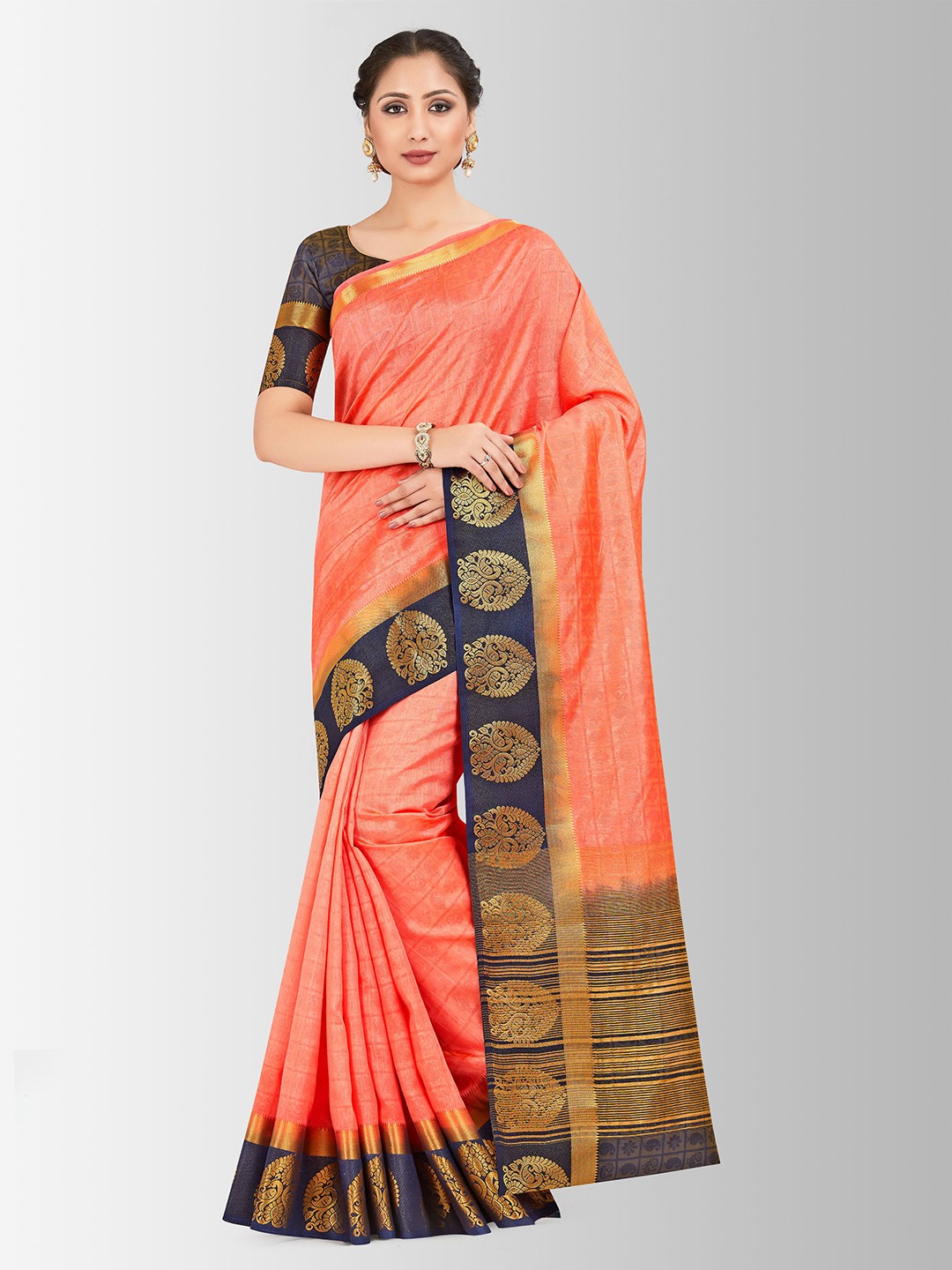 

MIMOSA Orange & Gold-Toned Art Silk Woven Design Kanjeevaram Saree