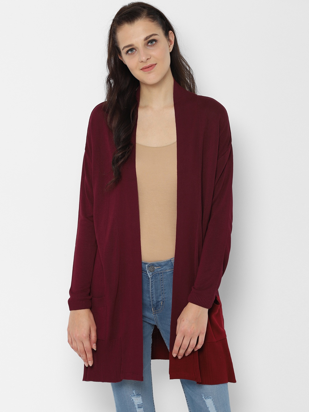 

People Women Maroon Solid Open Front Shrug