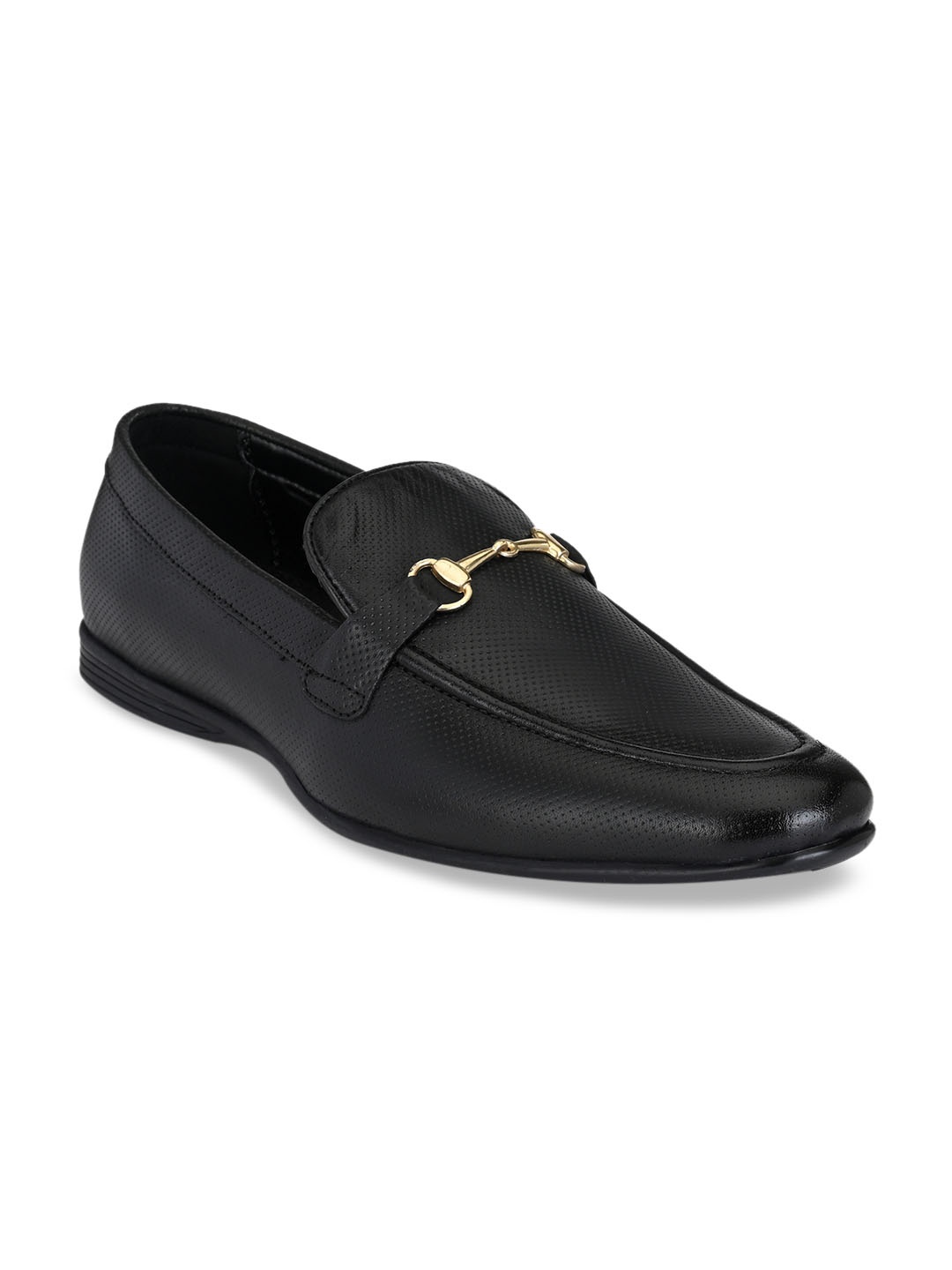 

San Frissco Men Black Textured Leather Formal Horse-Bit Loafers
