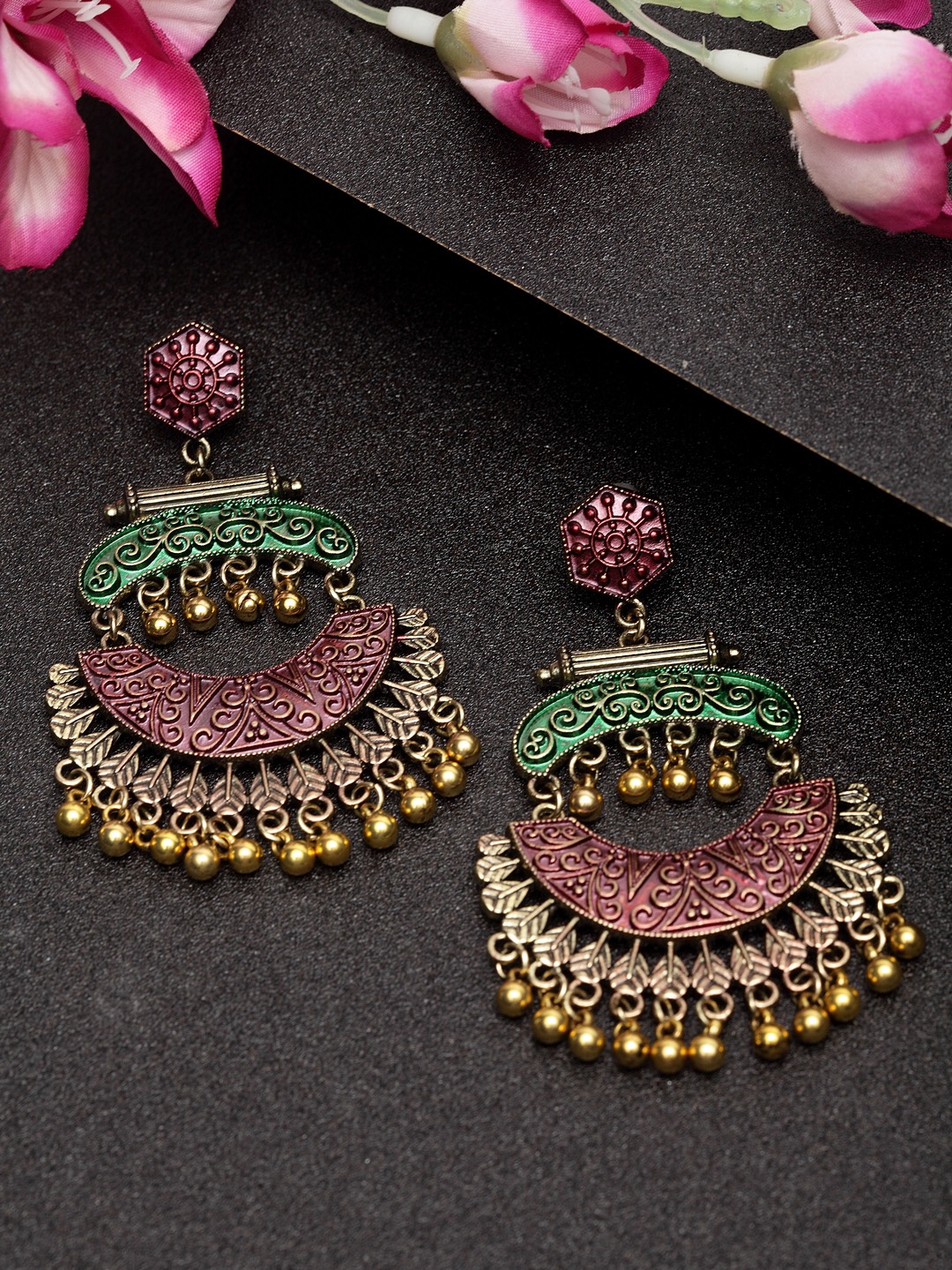 

Moedbuille Gold-Plated & Pink Crescent Shaped Hand-Painted Meenakari Chandbalis