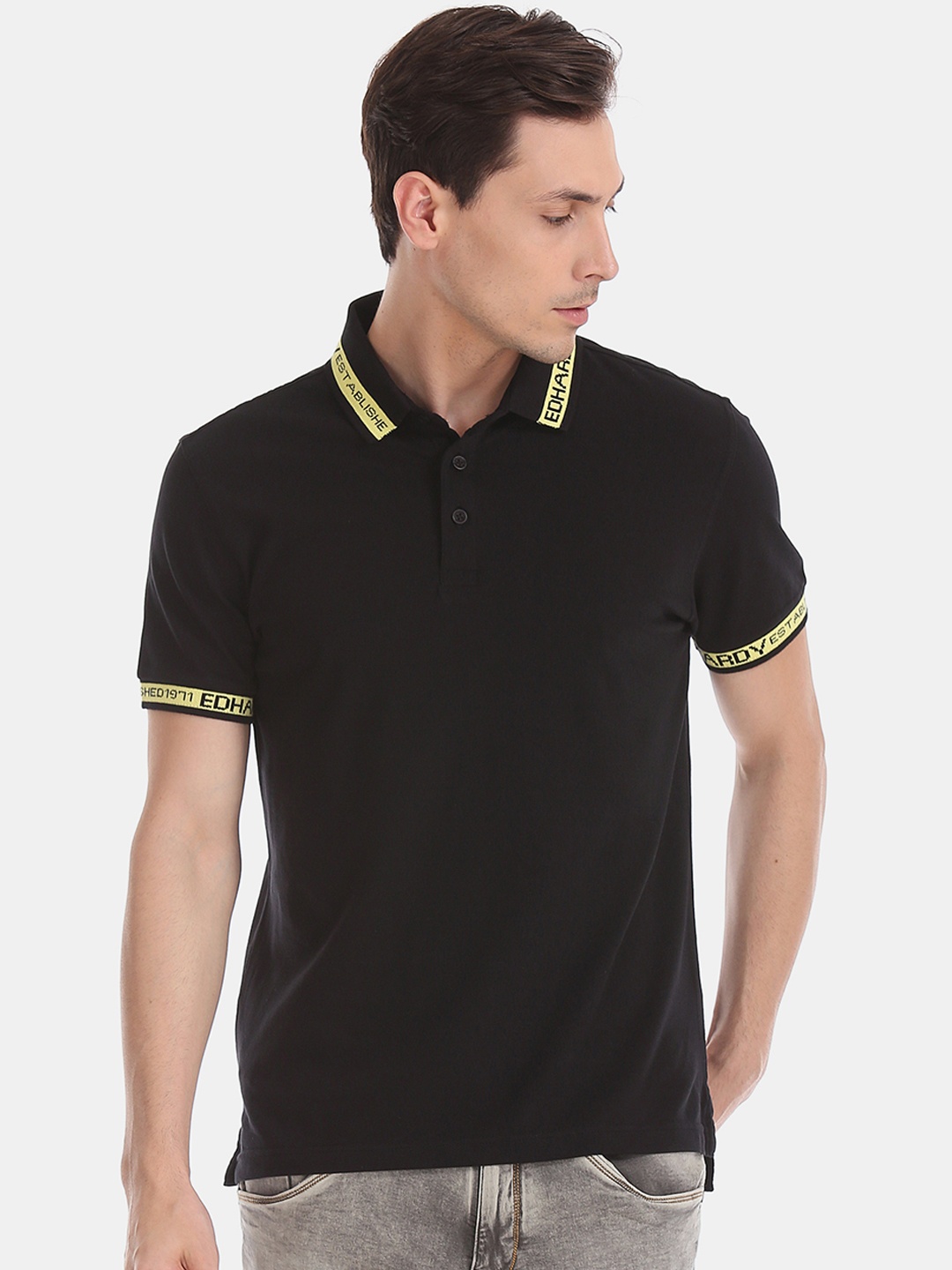 

Ed Hardy Men Black Solid Slim Fit Polo Collar Pure Cotton T-shirt