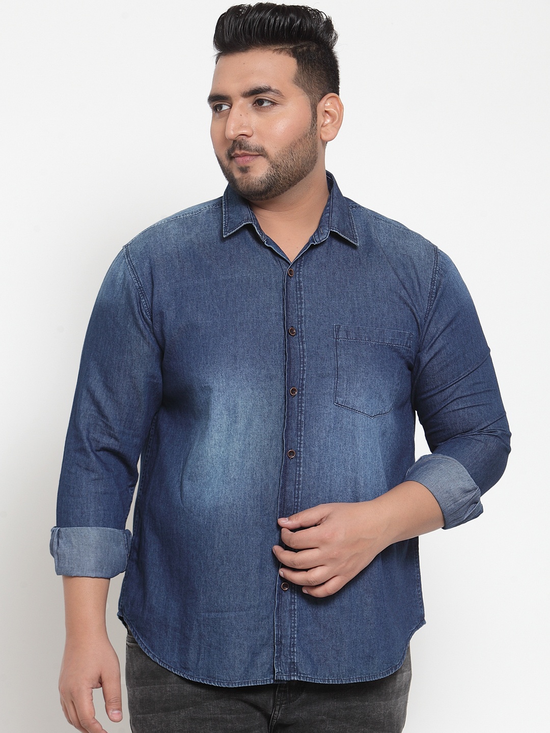 

plusS Men Comfort Regular Fit Solid Denim Shirt, Blue