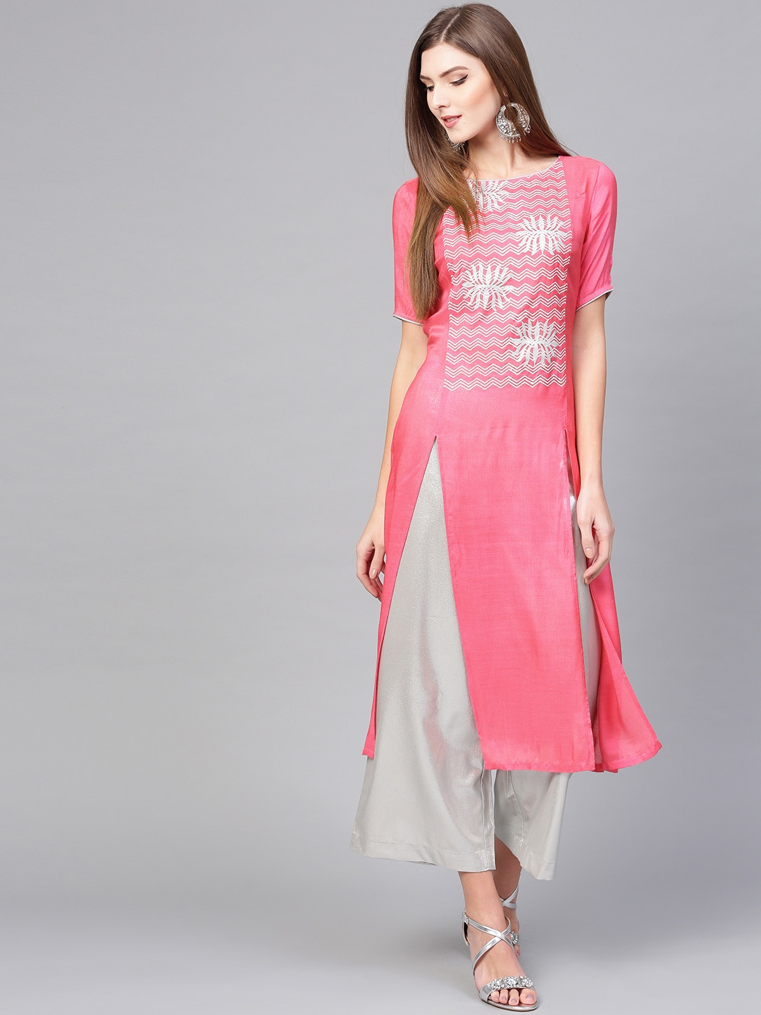 

Pannkh Women Pink Printed Straight Kurta