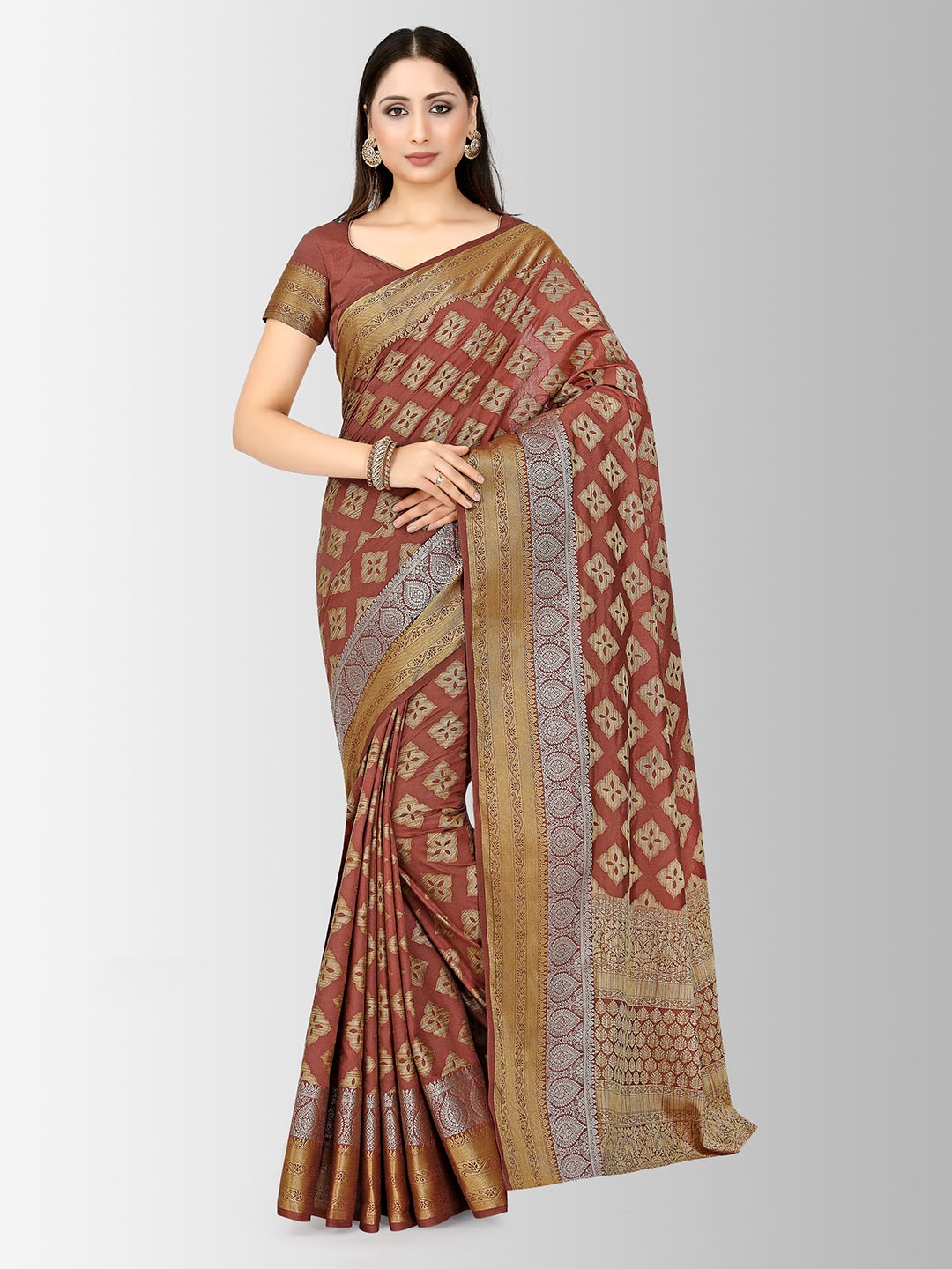 

MIMOSA Rust Brown Art Silk Woven Design Kanjeevaram Saree