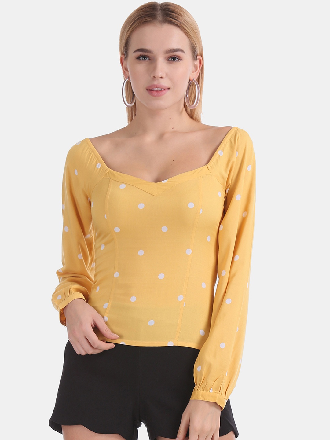 

Aeropostale Women Yellow & White Printed Top