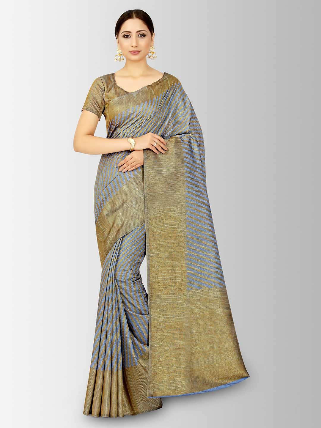 

MIMOSA Blue & Gold-Coloured Art Silk Striped Patola Saree