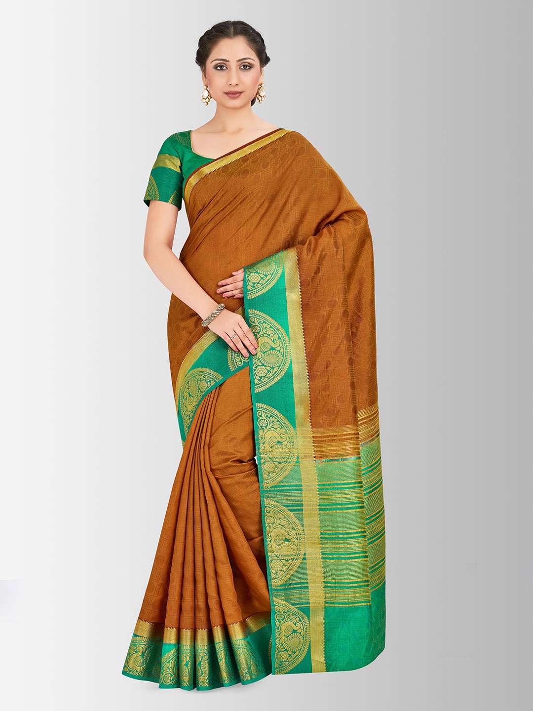 

MIMOSA Brown & Green Art Silk Solid Kanjeevaram Saree