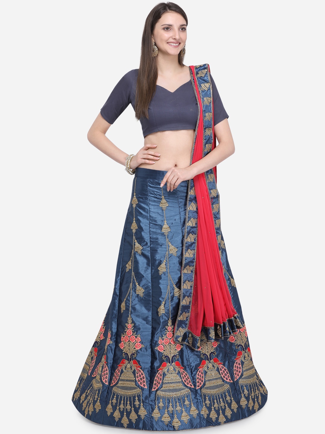 

MOKSHA DESIGNS Navy Blue & Red Embroidered Semi-Stitched Lehenga & Unstitched Blouse with Dupatta