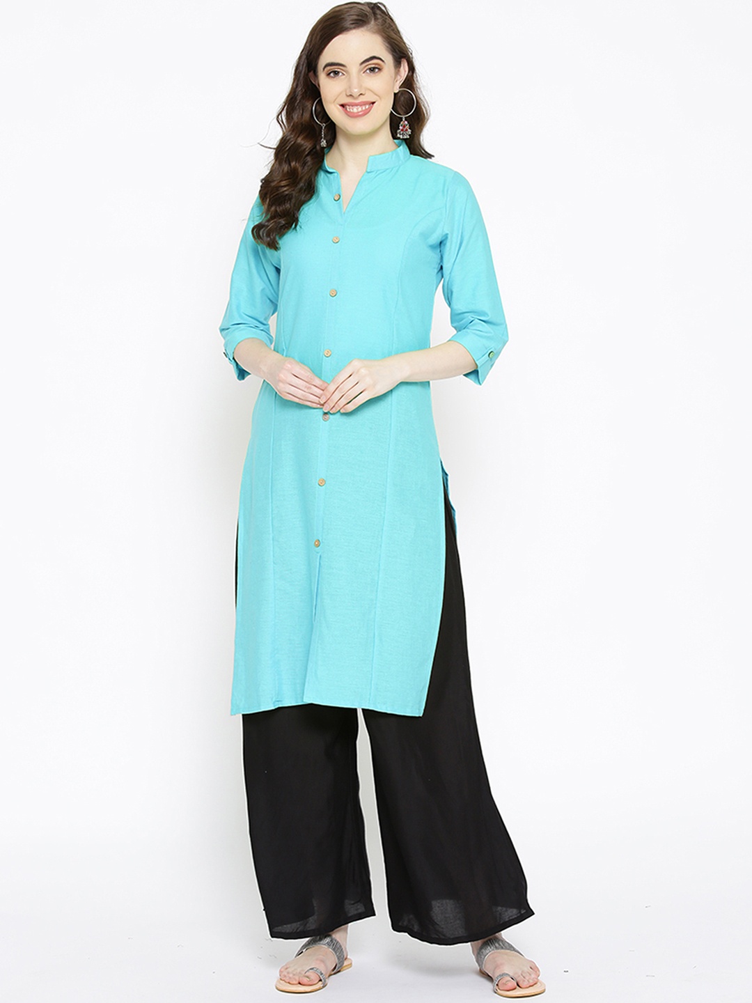 

Vastraa Fusion Women Navy Blue Solid Straight Pure Cotton Kurta