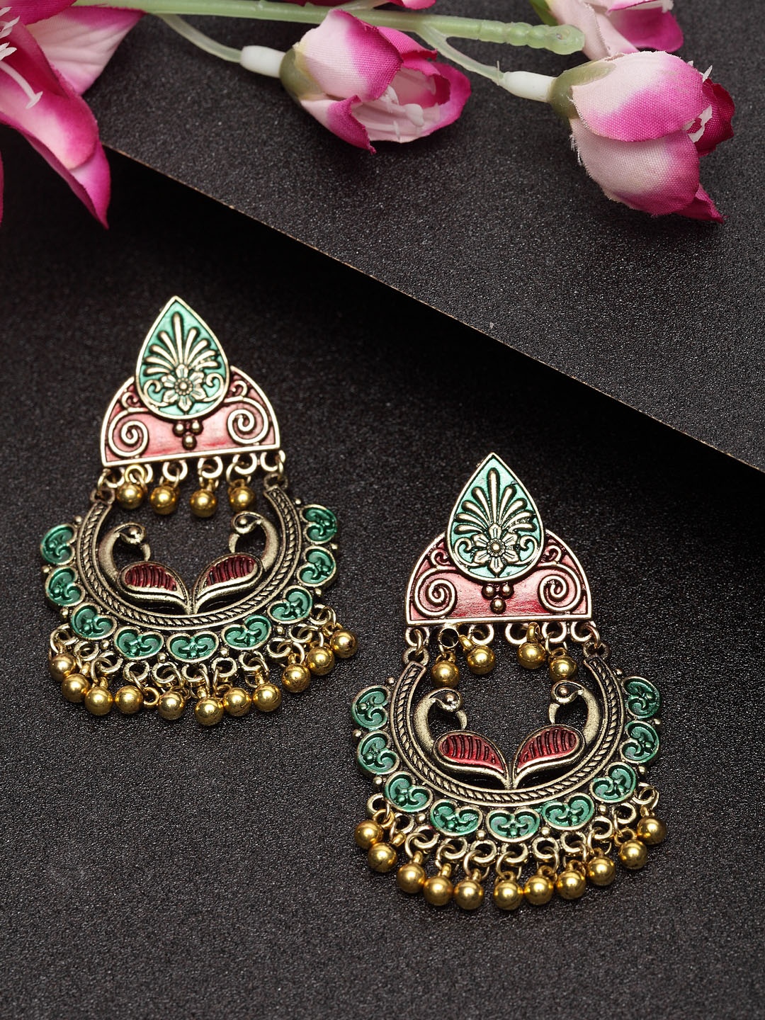 

Moedbuille Gold-Plated & Green Handcrafted Meenakari Peacock Shaped Drop Earrings