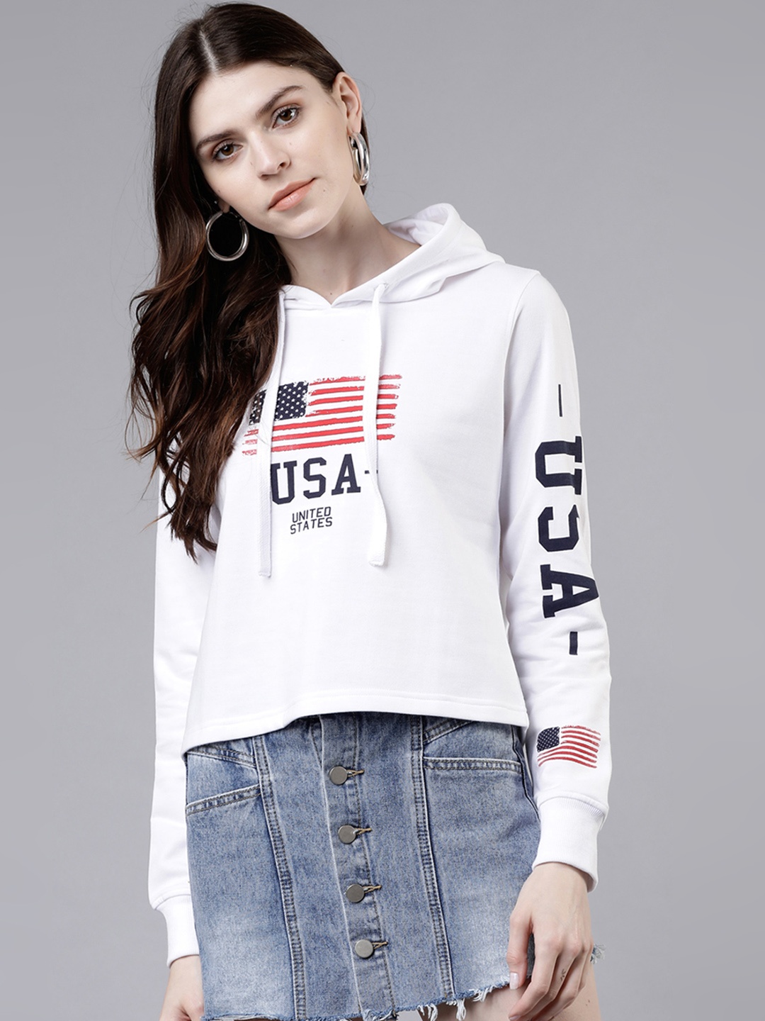 Tokyo Talkies Women White & Black Printed Hooded Sweatshirt